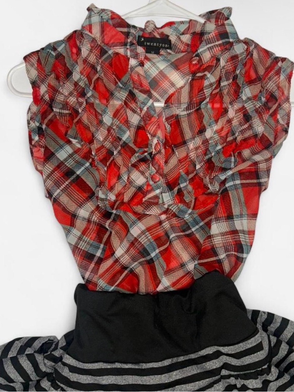 Twenty One Red Plaid Ruffle Cap-Sleeve Blouse